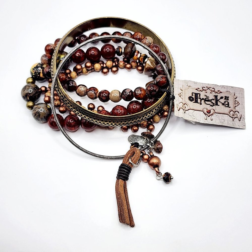 Treska Set of 5 Beaded/Brass-Tone Bracelets